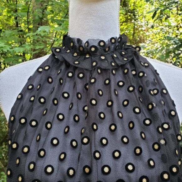 LOFT Black and Gold Clip Dot Velvet Embroidered Mesh Sleeveless Blouse Top (NWT) - Picture 3 of 8